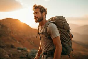 Beau Jeune homme avec sac à dos randonnée dans le montagnes à le coucher du soleil ai généré photo