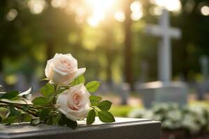 blanc fleurs dans de face de une pierre tombale à une cimetière avec coucher de soleil.funérailles concept ai généré photo