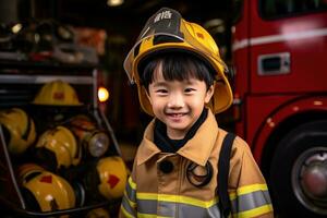 portrait de mignonne peu garçon portant sapeur pompier uniforme dans le Feu département ai généré photo