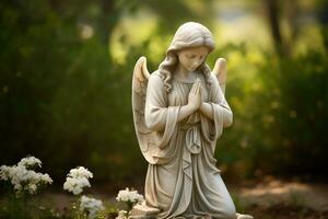 ange statue avec blanc des roses dans le cimetière.religieux Contexte ai généré photo