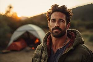 portrait de homme à la recherche à caméra tandis que près camping tente à le coucher du soleil ai généré photo