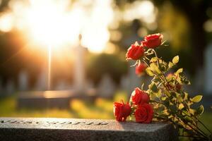 rouge des roses sur une la tombe à une cimetière pendant le le coucher du soleil avec copie espace ai généré photo