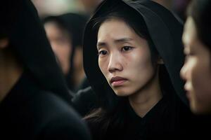 asiatique femme dans deuil à une funérailles, peu profond profondeur de champ.funérailles concept ai généré photo