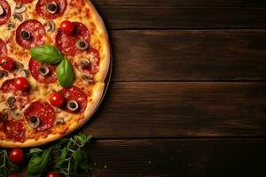 pepperoni Pizza sur une foncé Contexte. Haut vue avec copie espace. ai généré photo