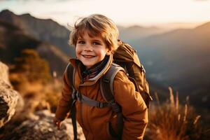 adorable peu garçon avec sac à dos randonnée dans montagnes à le coucher du soleil. Voyage et actif mode de vie concept ai généré photo