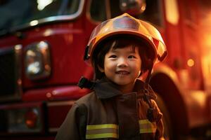 portrait de mignonne peu garçon portant sapeur pompier uniforme dans le Feu département ai généré photo