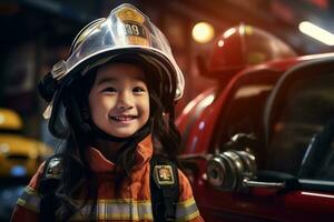 portrait de une mignonne peu asiatique fille portant une sapeur pompier uniforme ai généré photo