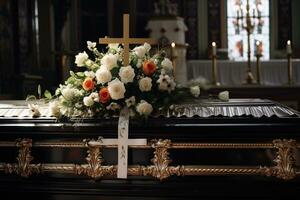 fermer coup de une cercueil dans une corbillard ou chapelle avant funéraire ou enterrement à cimetière ai généré photo