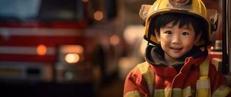 portrait de content asiatique garçon portant sapeur pompier uniforme avec Feu un camion dans Contexte ai généré photo