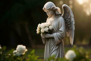 ange statue avec blanc des roses dans le cimetière.religieux Contexte ai généré photo