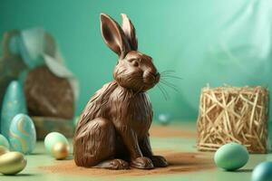 Chocolat lapin sur vert pastel Contexte. produire ai photo