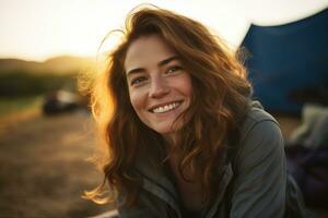 portrait de fille à la recherche à caméra tandis que près camping tente à le coucher du soleil ai généré photo