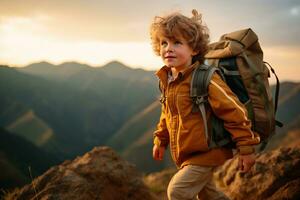 adorable peu garçon avec sac à dos randonnée dans montagnes à le coucher du soleil. Voyage et actif mode de vie concept ai généré photo