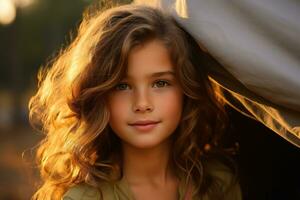 portrait de mignonne peu fille à caméra tandis que permanent près camping tente à le coucher du soleil ai généré photo