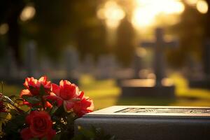 rouge des roses sur une la tombe à une cimetière pendant le le coucher du soleil avec copie espace ai généré photo