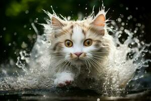 surpris chat éclabousser l'eau courir. produire ai photo