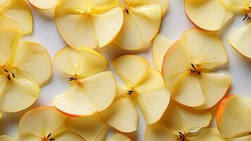 tranche Frais Pomme dans mince feuilles Contexte sur blanc Contexte. ai généré. photo