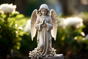 ange statue avec blanc des roses dans le cimetière.religieux Contexte ai généré photo