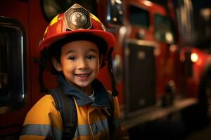 portrait de mignonne peu garçon portant sapeur pompier uniforme dans le Feu département ai généré photo