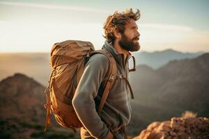 Beau Jeune homme avec sac à dos randonnée dans le montagnes à le coucher du soleil ai généré photo