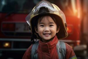 portrait de une mignonne peu asiatique fille portant une sapeur pompier uniforme ai généré photo