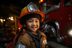 portrait de mignonne peu garçon portant sapeur pompier uniforme dans le Feu département ai généré photo