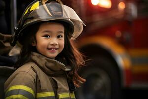 portrait de une mignonne peu asiatique fille portant une sapeur pompier uniforme ai généré photo