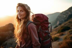 magnifique femme promeneur avec sac à dos randonnée dans le montagnes à le coucher du soleil ai généré photo