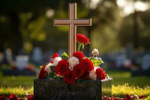 rouge des roses sur une la tombe à une cimetière pendant le le coucher du soleil avec copie espace ai généré photo