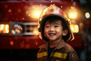 portrait de mignonne peu garçon portant sapeur pompier uniforme dans le Feu département ai généré photo