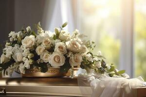 blanc cercueil avec fleurs. le concept de funérailles. ai généré photo