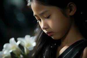 portrait de une peu asiatique fille avec dans le cimetière, funérailles concept ai généré photo