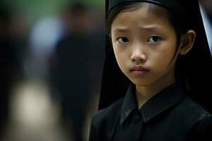 portrait de une peu asiatique fille avec dans le cimetière, funérailles concept ai généré photo