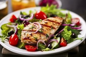 grillé poulet Sein avec tomates, rouge poivre, biologique vert et kalamata Olives. ai généré photo