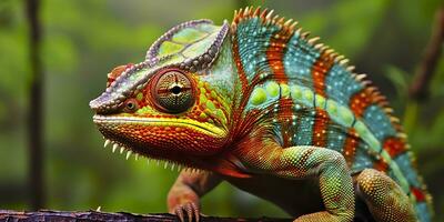 une coloré proche en haut caméléon avec une haute crête sur ses diriger. génératif ai photo