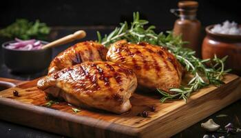 fermer de savoureux rôti poulet Sein servi sur en bois planche. grillé poulet. génératif ai photo