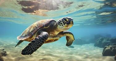 photo de mer tortue dans le galapagos île. génératif ai