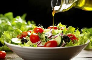 santé avantages de en bonne santé salade, dans le style de précis détaillant, lisse et brillant. ai généré photo