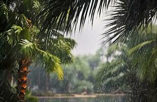 pluie dans le tropiques pendant le faible saison ou mousson saison. gouttes de pluie dans une jardin. génératif ai photo