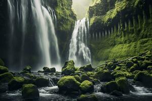 cascade paysage avec rochers couvert dans vert mousse. ai généré photo