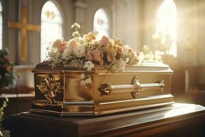 magnifique fleurs dans une cercueil à une funéraire ai généré photo