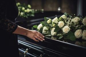 fermer de une femme main placement une bouquet de blanc des roses dans une cercueil.funérailles concept ai généré photo