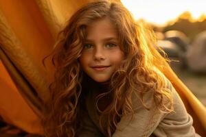 portrait de mignonne peu fille à caméra tandis que permanent près camping tente à le coucher du soleil ai généré photo