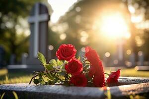 rouge des roses sur une la tombe à une cimetière pendant le le coucher du soleil avec copie espace ai généré photo