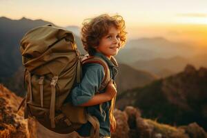 adorable peu garçon avec sac à dos randonnée dans montagnes à le coucher du soleil. Voyage et actif mode de vie concept ai généré photo