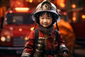 portrait de mignonne peu garçon portant sapeur pompier uniforme dans le Feu département ai généré photo