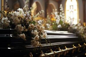 fermer coup de une cercueil dans une corbillard ou chapelle avant funéraire ou enterrement à cimetière ai généré photo