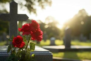 rouge des roses sur une la tombe à une cimetière pendant le le coucher du soleil avec copie espace ai généré photo