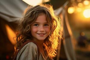 portrait de mignonne peu fille à caméra tandis que permanent près camping tente à le coucher du soleil ai généré photo