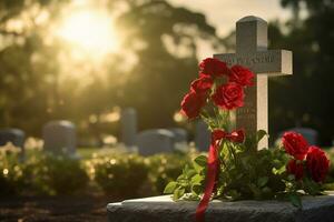 rouge des roses sur une la tombe à une cimetière pendant le le coucher du soleil avec copie espace ai généré photo